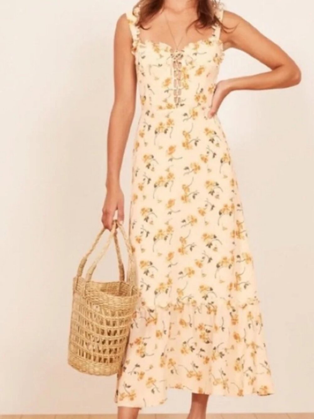 Reformation Naples Floral Maxi Corset Dress in Limonada Yellow, Size 8